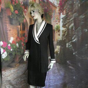 St. John Evening Suit Formal Size 8 Black w Pink Silk Collar Cuffs & Satin Skirt